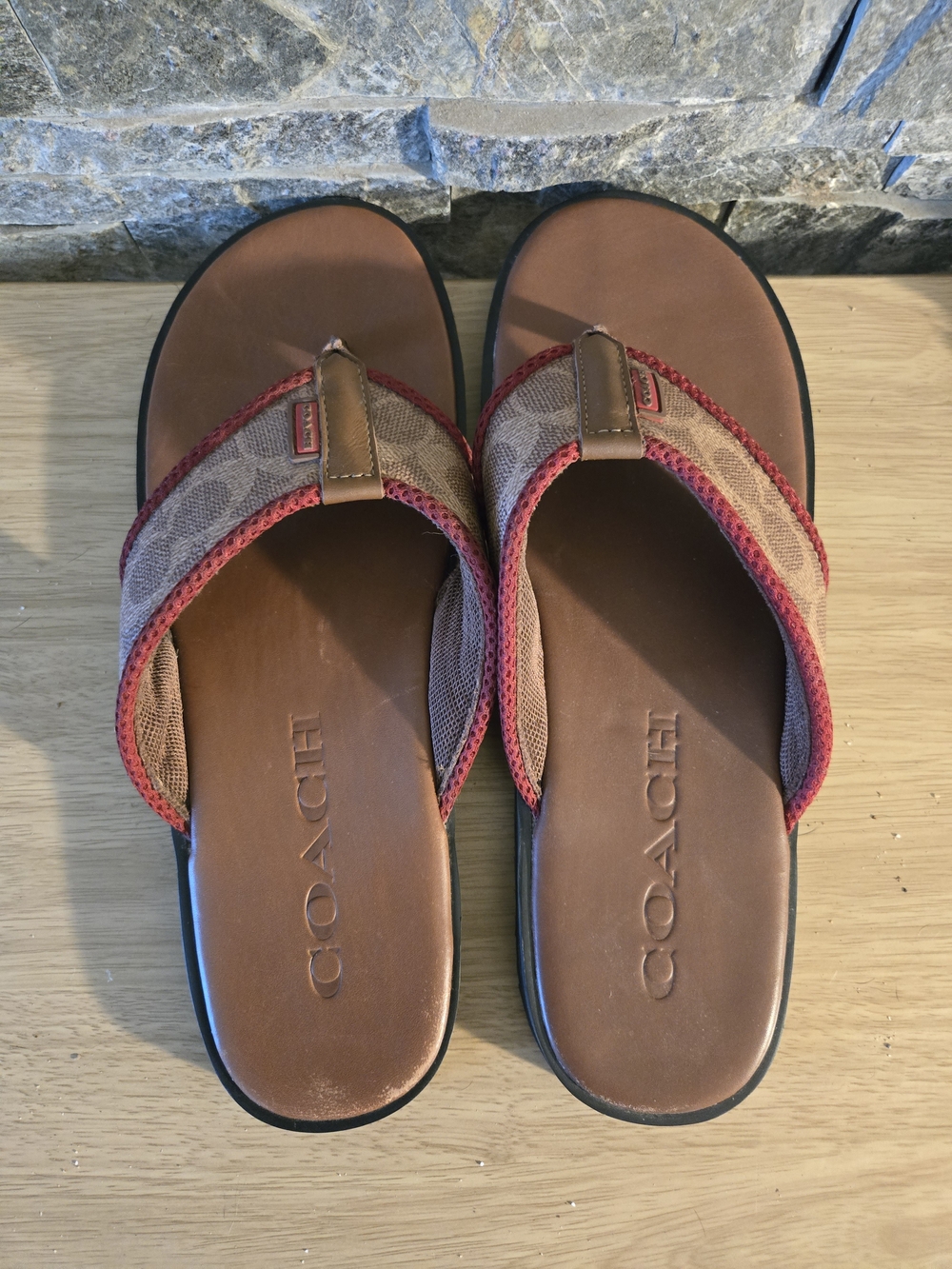 Coach Brown Leather and Tan Signature Canvas Thong Sandals with Red Trim - Picture 4 of 6